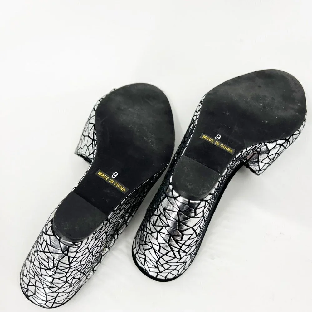 ✅ JEFFREY CAMPBELL SILVER AND BLACK ASYMMETRICAL METALLIC WEDGES SIZE‎ 9
